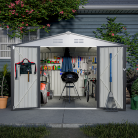 10X8 FT Outdoor Storage Shed, All Weather Metal Sheds With Lockable Doors, Tool Shed For Garden, Patio, Backyard, Lawn, Grey
